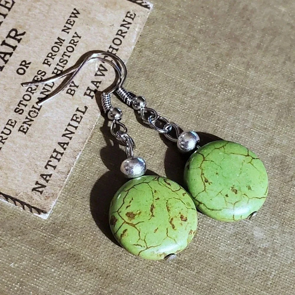 Handcrafted Silver and Green Magnesite Gemstone Puffed Coin Dangle Earrings - Picture 3 of 7
